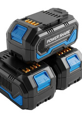 Two heavy-duty li-ion battery packs, matte black textured polymer casing, gold terminals, sharp focus on white studio background. Concept of robust industrial portable energy