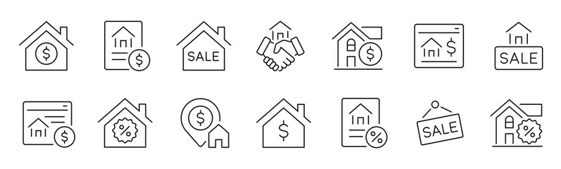 House for sale simple line icons set. Real estate sale editable stroke icon. Vector