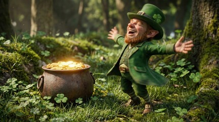 Leprechaun cheering next to a pot of gold in a lush forest, shamrocks, St Patricks Day celebration, bright morning sun, joy