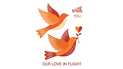 Fototapeta premium Two orange birds flying with heart shaped leaf in romantic gesture