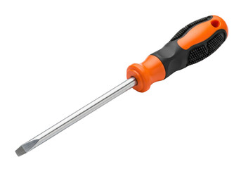 photorealistic macro shot of a professional flat head screwdriver featuring a reflective chrome-vanadium steel shaft and ergonomic bright orange and black handle, isolated on white copy space.