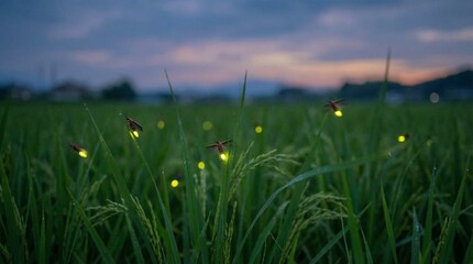 A serene night scene of fireflies illuminating a lush green field at dusk from a low viewpoint