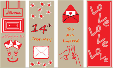 A set of four vertical banner designs for Valentine's Day featuring red and white illustrations on a tan background. Includes "You Are Invited" text, champagne toasts, envelopes, and stars.