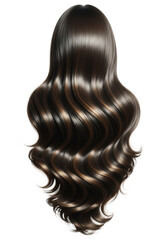 Fototapeta premium Dramatically long, thick espresso brunette hair featuring subtle caramel balayage and a deep center part, styled in glossy hollywood waves against pure white. Concept for commercial hair product
