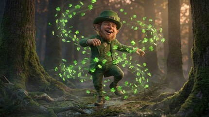 Leprechaun dancing in sunlit forest, swirling green shamrocks, Irish folklore, magical celebration, St. Patrick's Day atmosphere, whimsical forest scene, fantasy