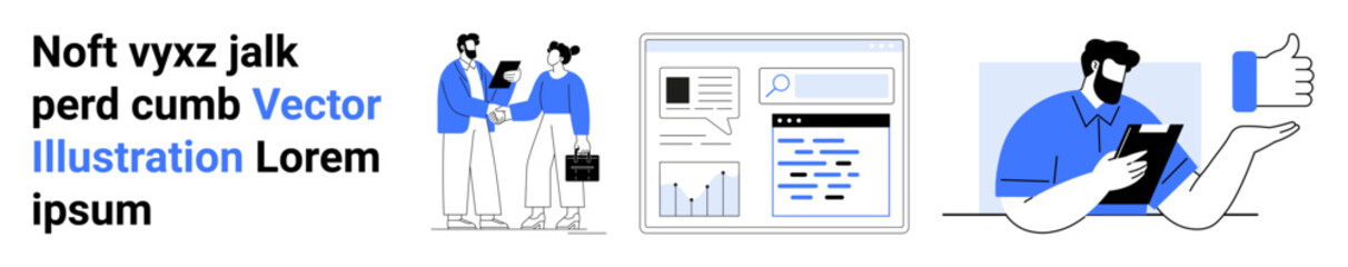 Business, teamwork, technology, online interaction, research, and social media. Professionals shaking hands, data charts and a user interacting digitally. Business and technology concept