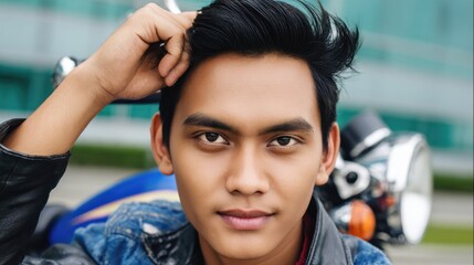 young man with trendy style posing next to vintage bike in urban setting