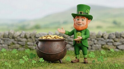 Leprechaun standing by pot of gold, Irish countryside background, stone wall, green hills, festive St Patrick's Day celebration, 3d render