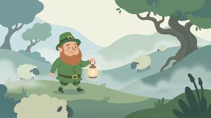 Leprechaun walking through misty Irish hills with lantern, grazing sheep, green rolling landscape, festive St. Patrick's Day theme, whimsical folk illustration
