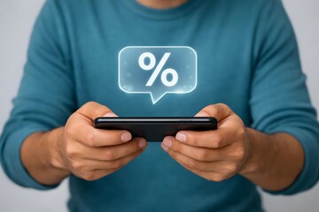 Interest rate and dividend concept. Dividend money investment, mortgage rate real estate. Businessman using smartphone with percentage symbols on virtual screen for financial analysis.