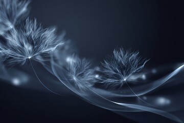 Obraz premium Glowing dandelion seeds floating over dark blue abstract bokeh background