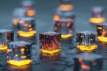 Digital cubes glowing with energy and data