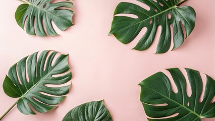Obraz premium Tropical Monstera Leaves on Pastel Pink Background - 2