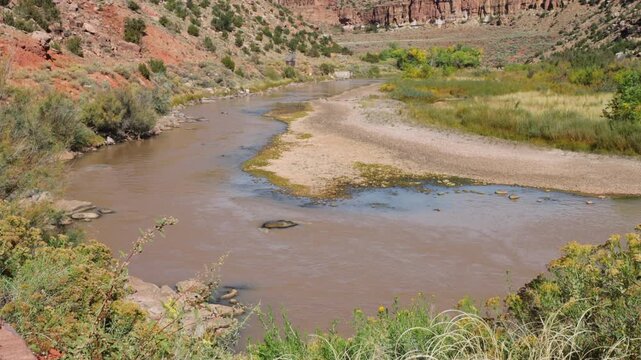 View of the scenic R&iacute;o Chama, or Chama River, as it flows through its canyon below Abiquiu Dam in northern New Mexico, USA
