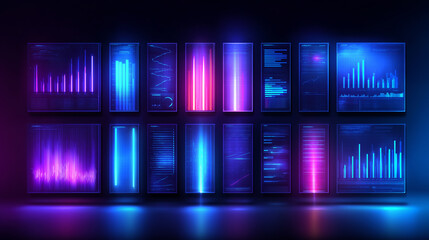 Bright and colorful data visualizations illuminate screens in a dark, modern tech environment, showcasing various charts and graphs that highlight analytical insights and trends
