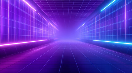 A stunning scene of a neon-lit tunnel lined with glowing purple and blue lights. The setting exudes a futuristic vibe, perfect for showcasing digital art or immersive experiences