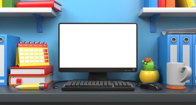 Bookshelves, computer monitor, books, office folders and other office items on the desktop. A workspace with an empty layout of a white computer monitor screen. The concept of working at a desk