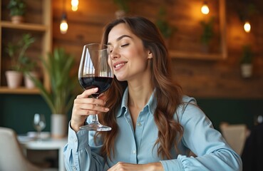Woman enjoys red wine in a cozy restaurant. She holds a glass, savoring aroma and taste. Happy moment of relaxation indoors. Enjoying beverage at table, dining out.