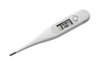 high-precision modern digital medical thermometer, surgical steel tip, displaying '37.0&deg;c', isolated on a seamless pure white background with copy space. concept of clinical accuracy and health