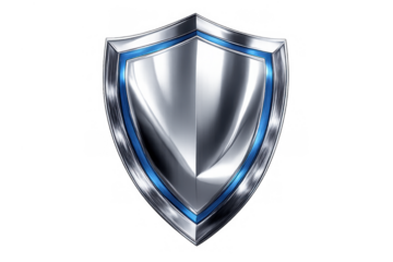 Silver metallic shield with blue border representing protection, security, and defense for business and digital safety