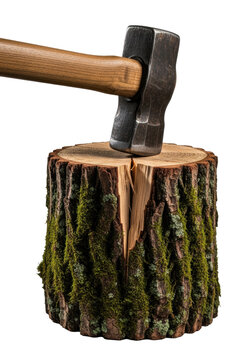 Oxidized steel splitting maul with aged hickory handle embedded in a rugged, moss-covered tree stump, isolated on white studio background. Concept of primal utility and strength