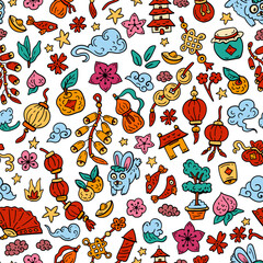 Seamless pattern with Symbols of celebration and happiness for the Chinese New Year. Chinese zodiac. Symbols of good luck. Bright doodle backdrop for teenagers. Rabbit, pumpkin, money, pagoda,