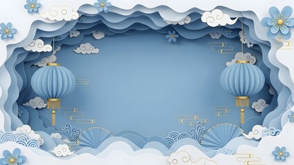 Chinese new year snowy scene with lanterns and clouds