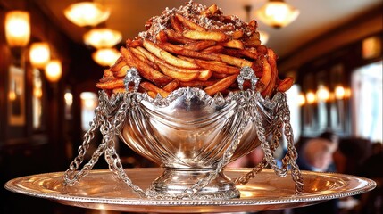 french fries meticulously stacked in an elegant formation on a stylish dish highend culinary display captivating food styling captured with precision and finesse