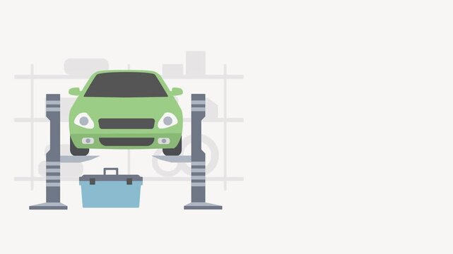 Green car on a car lift with toolbox automobile vehicle