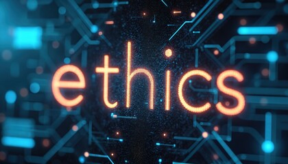 Digital word ETHICS glows with orange light on dark futuristic tech background. Circuits and data streams create complex network system. Abstract concept art.