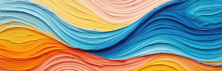 Fototapeta premium Thick oil paint texture forms abstract wavy lines in yellow blue orange, pink. Artist uses impasto technique creating vibrant colorful surface with visible brush strokes for dynamic, energetic feel.