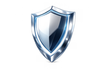 Silver metallic shield with a glossy blue and white finish, creating a modern icon for digital security and cyber protection