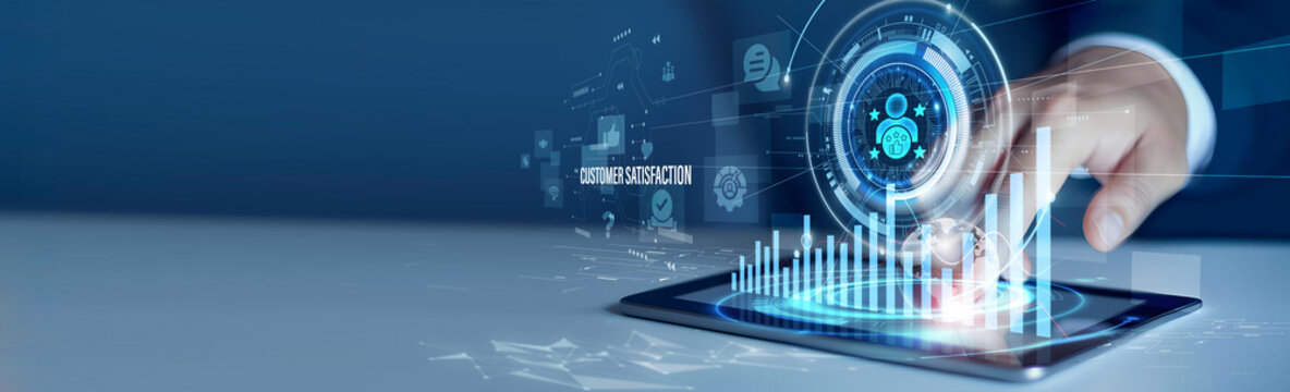 Businessmen use the tab analyzing customer satisfaction and feedback data. Business intelligence dashboard, customer experience analytics, service quality, performance metrics