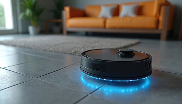Modern robot vacuum cleaner moves across tiled floor. This smart device automatically cleans home interiors, offering convenience and efficiency for busy households. Future tech for easy living.