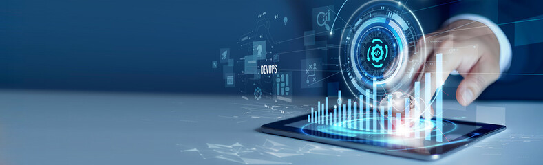 Businessmen use the tab analyzing DevOps and deployment data. Software delivery dashboard, CI/CD pipeline, automation monitoring, cloud infrastructure, agile operations © AD