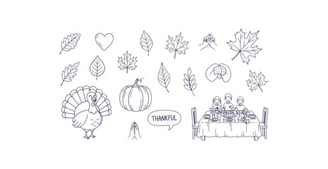 Hand Drawn Thanksgiving Harvest Dinner Elements Turkey Pumpkin Maple Leaves Doodle Collection