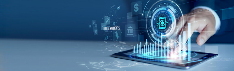 Businessmen use the tab analyzing digital payments and transaction data. Fintech analytics...