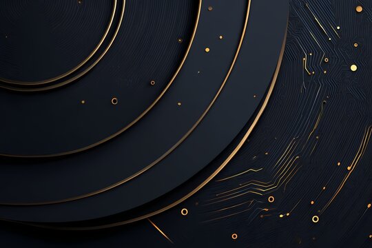 Abstract close up of layered circular grooves with gold accents and subtle circuitry patterns