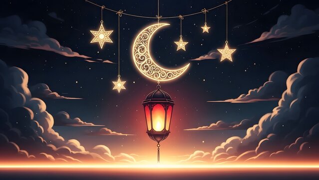 A serene night scene with a glowing lantern crescent moon and stars hanging from a string against a backdrop of clouds and sunset - Powered by Adobe