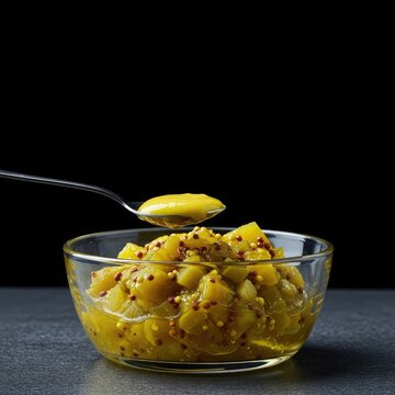 A vibrant, tangy mustard pickle relish in a glass dish, featuring chunky vegetables and a bright yellow sauce ,pickled ,dish ,piccalilli