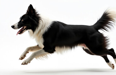 Black and white border collie dog runs fast, tongue out, on plain white background. Agile canine athlete in full stride, energetic motion, focused forward, fur flowing.