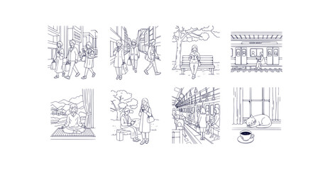 Everyday Urban Life Vector Collection People Commuting Shopping Meditation Relaxation Street Scenes Line Art