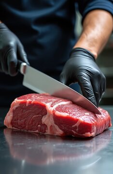 Pro butcher cuts raw beef steak with sharp knife on metal table. Hands in black gloves prepare meat for cooking. Red uncooked fillet on butcher board ready for grilling or roasting.