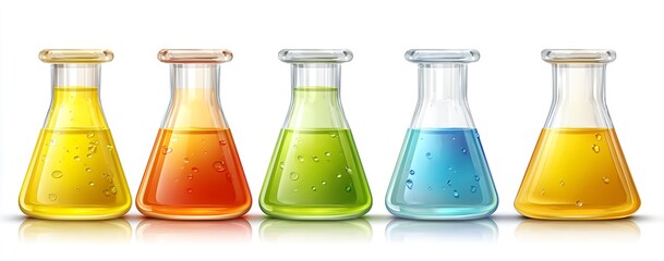 Five colorful Erlenmeyer flasks containing various chemical liquids with bubbles, arranged in a row on a reflective surface against a white background.