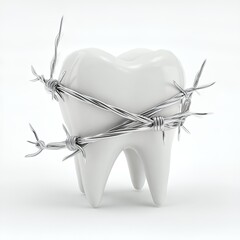 A white tooth model tightly bound with sharp barbed wire, symbolizing severe dental pain or discomfort.