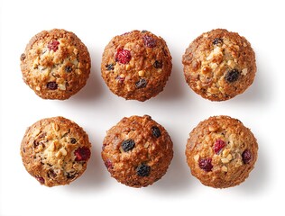 Six freshly baked muffins with berries and nuts arranged on a white background, viewed from above.