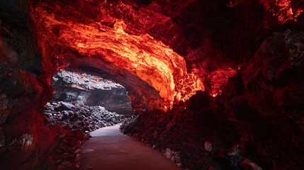 Lava tube cave glowing red rock walls