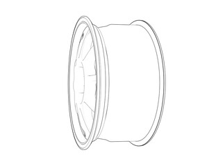 Automotive Wheel Rim Technical Drawing: Monochrome Blueprint Wireframe Outline of a Custom Sport Car Rim Design Rendering. Ideal for CAD Engineering Drafting Projects and Digital Illustrations.