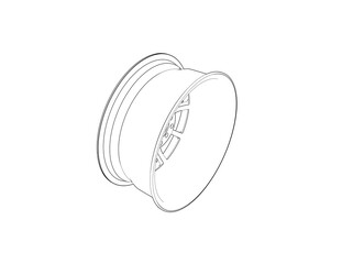 Automotive Wheel Rim Technical Drawing: Monochrome Blueprint Wireframe Outline of a Custom Sport Car Rim Design Rendering. Ideal for CAD Engineering Drafting Projects and Digital Illustrations.