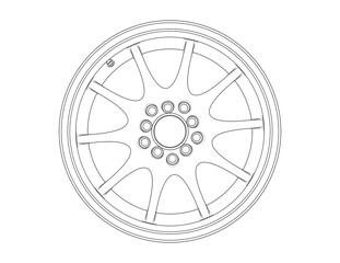 Automotive Wheel Rim Technical Drawing: Monochrome Blueprint Wireframe Outline of a Custom Sport Car Rim Design Rendering. Ideal for CAD Engineering Drafting Projects and Digital Illustrations.